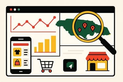 Digital illustration showing Jamaican eCommerce visibility with charts, a map of Jamaica, online shopping icons, and store analytics.