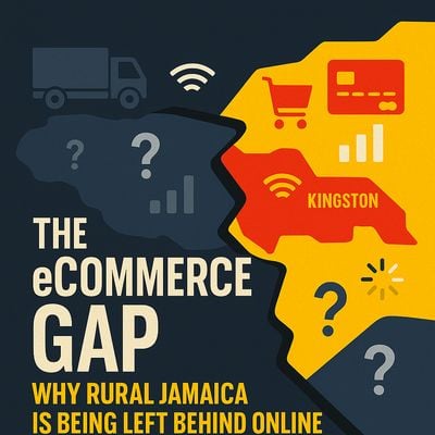 Infographic titled “The eCommerce Gap in Rural Jamaica” showing a map of Jamaica with highlighted parishes, signal icons, and visuals of delivery trucks and mobile devices.
