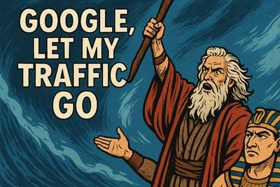 Modern Moses parts digital waves demanding, “Google, Let My Traffic Go” — symbolizing creators losing visibility to AI search