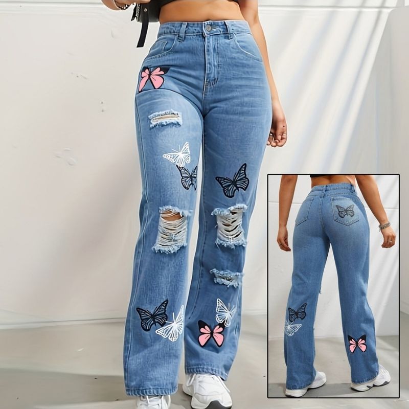 Shop Butterfly High Waist Jeans Trendy Streetwear in Jamaica Butterfly print high-waist ripped jeans for women in Jamaica – front and back view of blue denim with pink and black.
