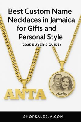 Two custom name necklaces with gold Cuban chains and personalized engraving, displayed in gift boxes for shoppers in Jamaica.