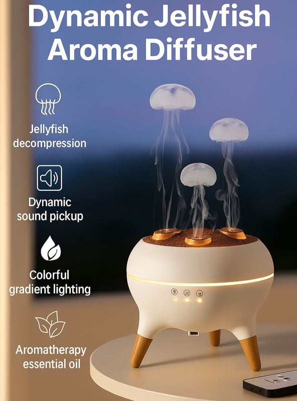 Dynamic Jellyfish Aroma Diffuser and Ultrasonic Air Humidifier with LED lights and remote control, for sale in Jamaica.