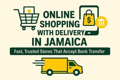 Online stores in Jamaica with delivery, showing shopping cart, mobile payments, and fast shipping icons in Jamaican colors.