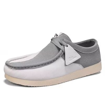 Grey Men’s suede slip-on loafers in neutral color – breathable, casual shoes for Jamaican men, moc-toe design