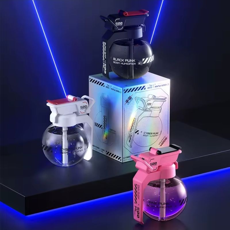 All three grenade humidifier styles: Black, Cyber, and Pink Punk. Comes in cool iridescent packaging. The perfect gamer gift!