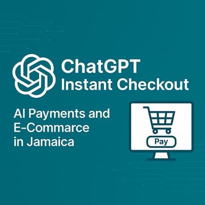 Feature image showing ChatGPT Instant Checkout with AI payments, shopping cart icon, and e-commerce theme for Jamaica 2025.