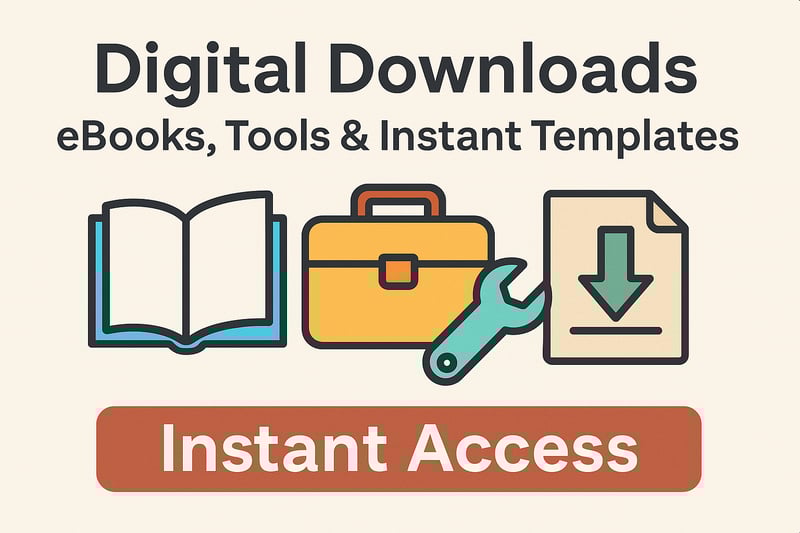 A clean, modern flat-design banner showcasing digital products including an eBook, toolkit, and download icon. The headline “Digital Downloads – eBooks, Tools & Instant Templates” emphasizes immediate access to high-value resources. A bold “Instant Access” ribbon anchors the design, appealing to entrepreneurs, business owners, and creatives looking for fast, professional digital downloads. Ideal for product categories targeting SEO tools, business templates, and printables.