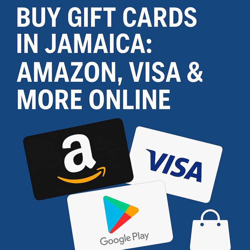 Promotional image showing Amazon, Visa, and Google Play gift cards with bold white text reading 'Buy Gift Cards in Jamaica: Amazon, Visa & More Online' on a blue background. buy-gift-cards-jamaica-amazon-visa-googleplay